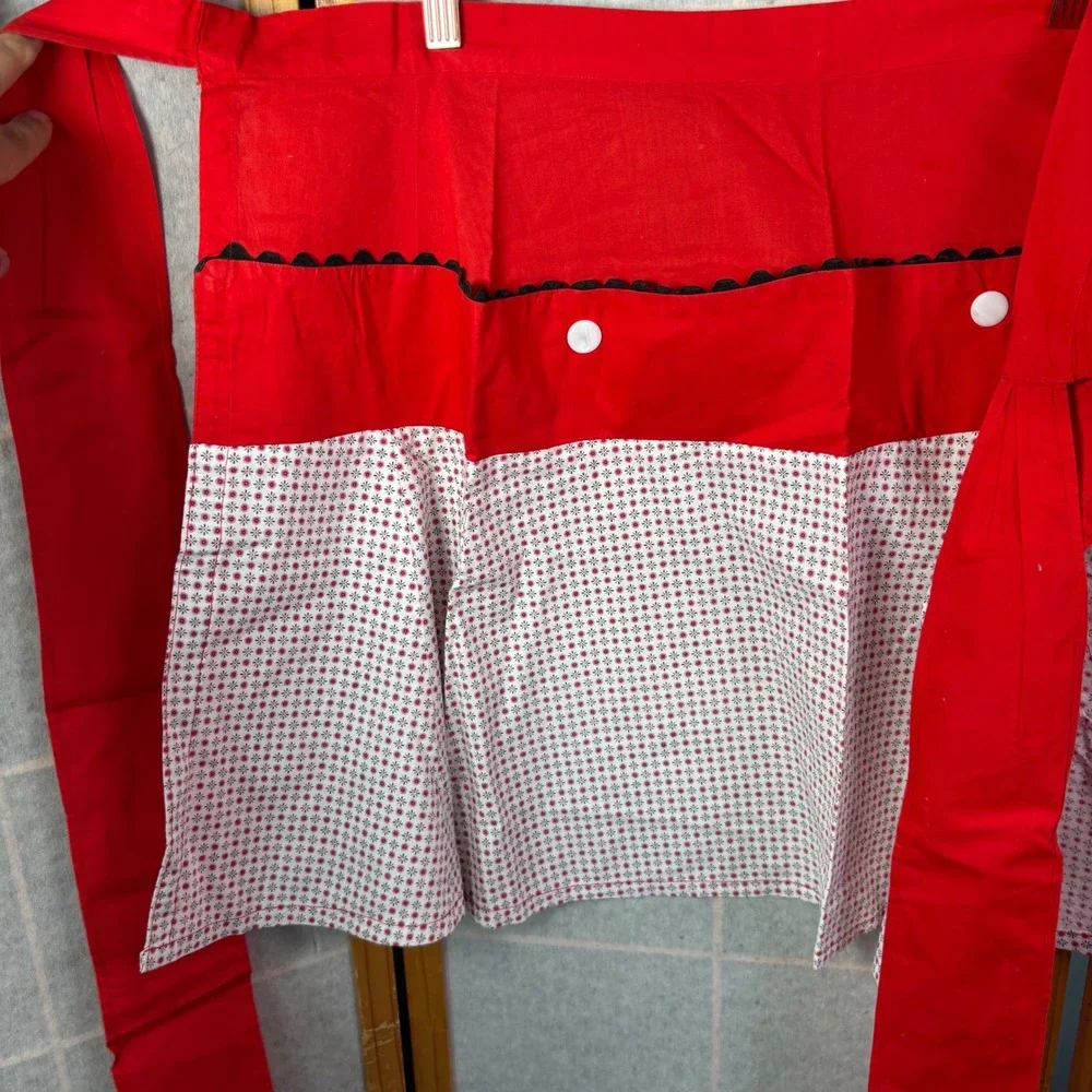 Unbranded Half Apron OS Red‎ White Vintage Style Rick Rack Button Trim Cotton